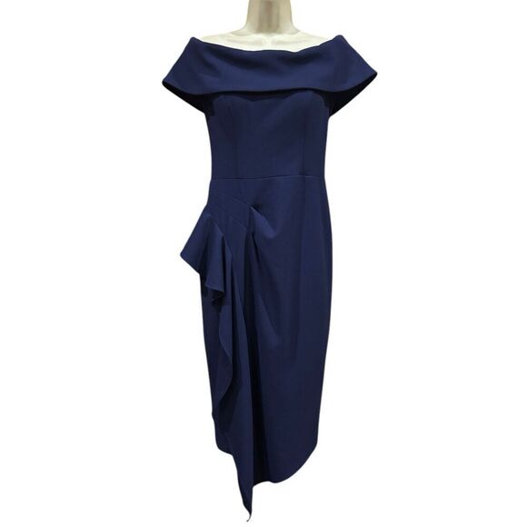 Betsy & Adam Womens Asymmetric Ruffled Cocktail and Party Dress in Night Blue NW - Picture 2 of 5
